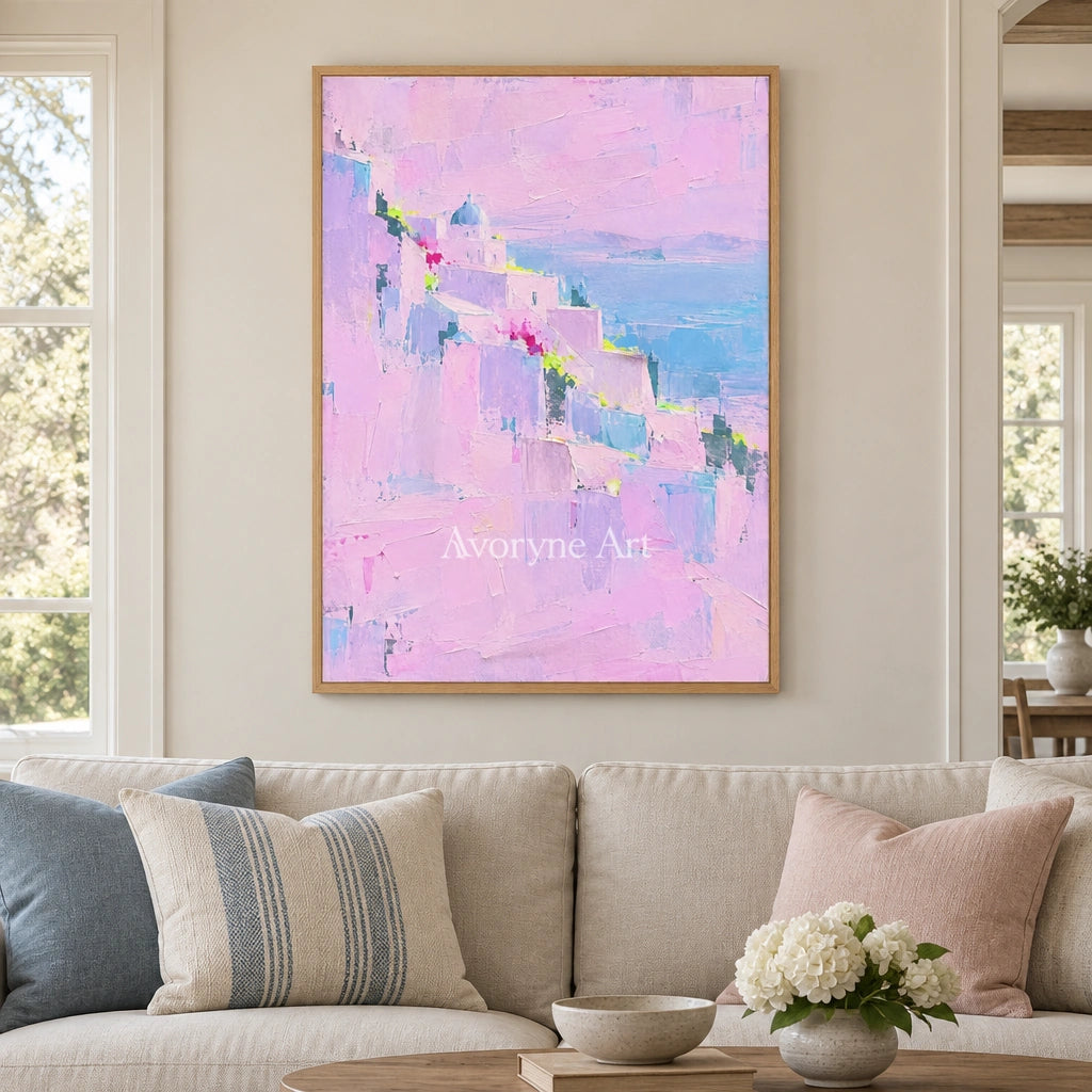 Tender Prelude cityscape wall art with a wood frame in a villa living space
