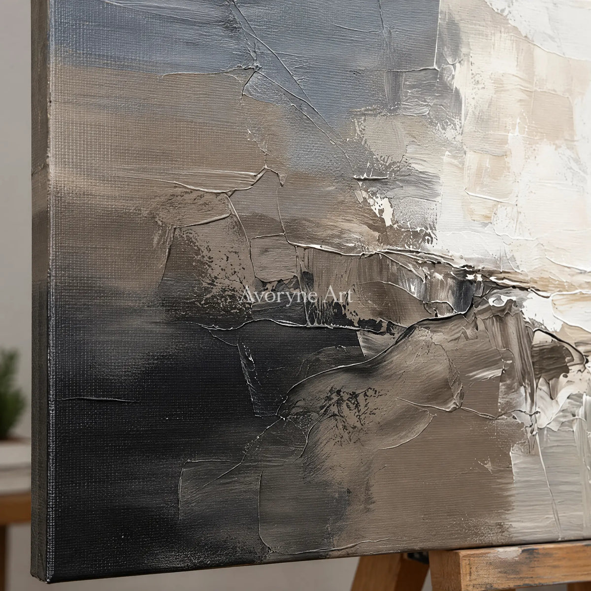 Close-up of the hand-painted texture of Bright Memory cityscape wall art on an easel
