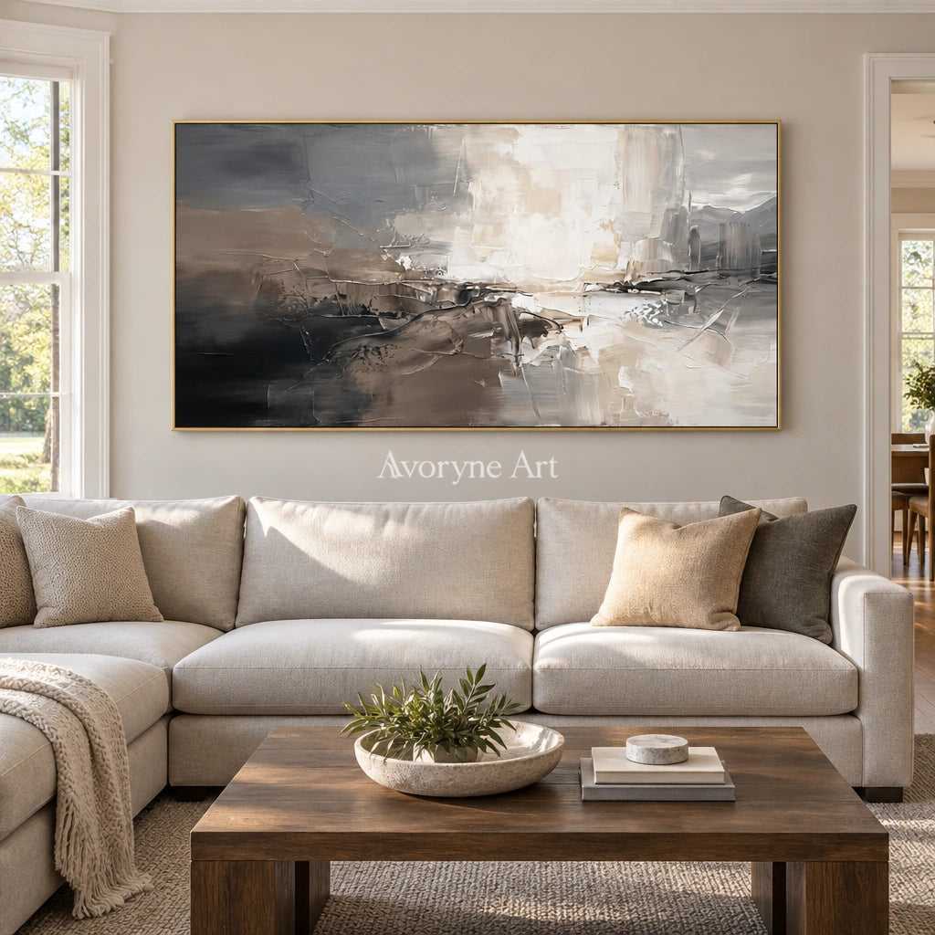 Bright Memory cityscape wall art with a gold frame hanging in a living room