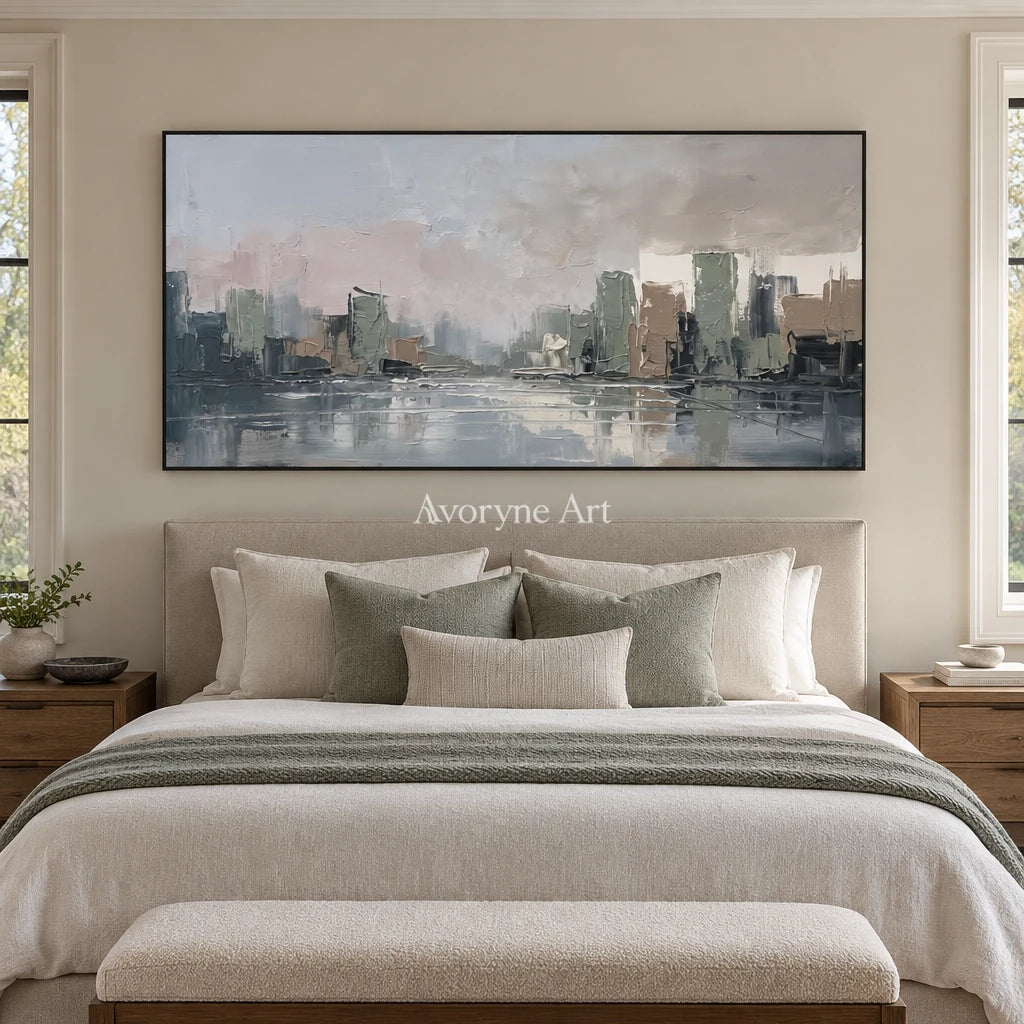 Bright Current cityscape wall art with a black frame above a bed in a bedroom