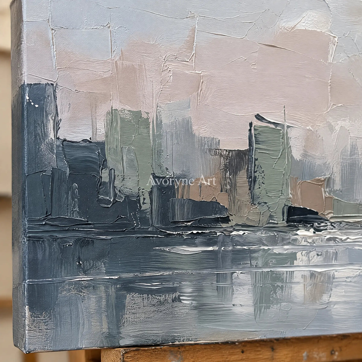 Close-up of the hand-painted texture of Bright Current cityscape wall art on an easel