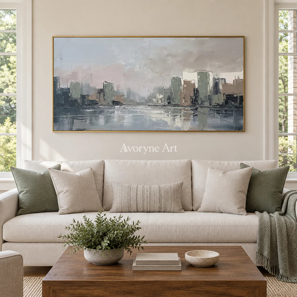Bright Current cityscape wall art with a gold frame hanging in a living room