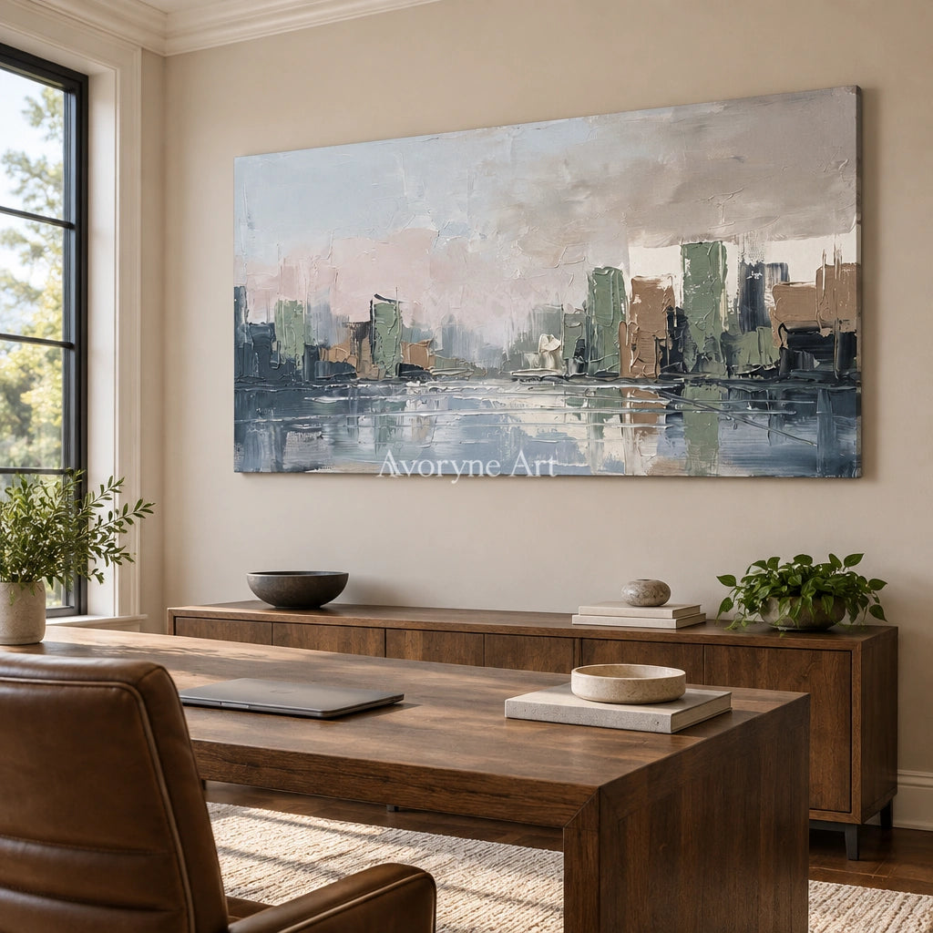 Bright Current cityscape wall art as a frameless stretched canvas in a home office