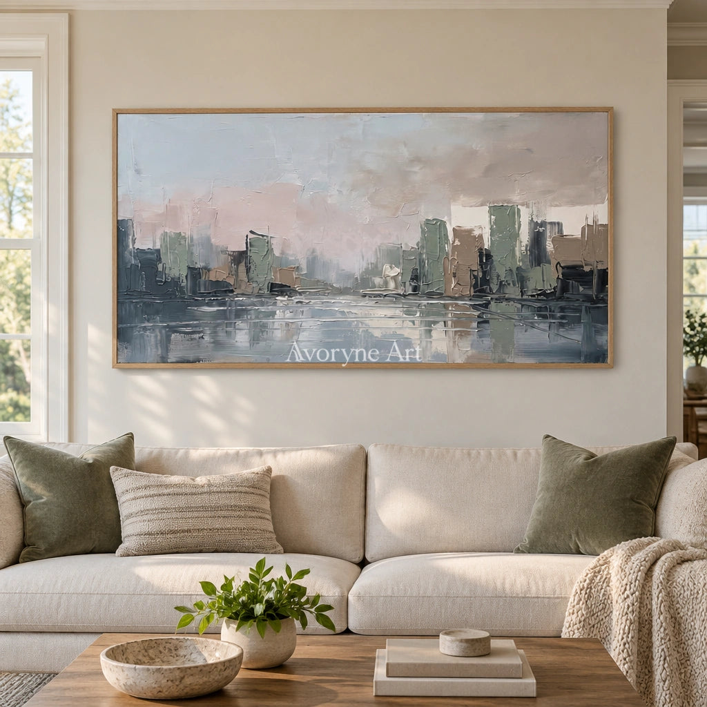 Bright Current cityscape wall art with a wood frame in a villa living space