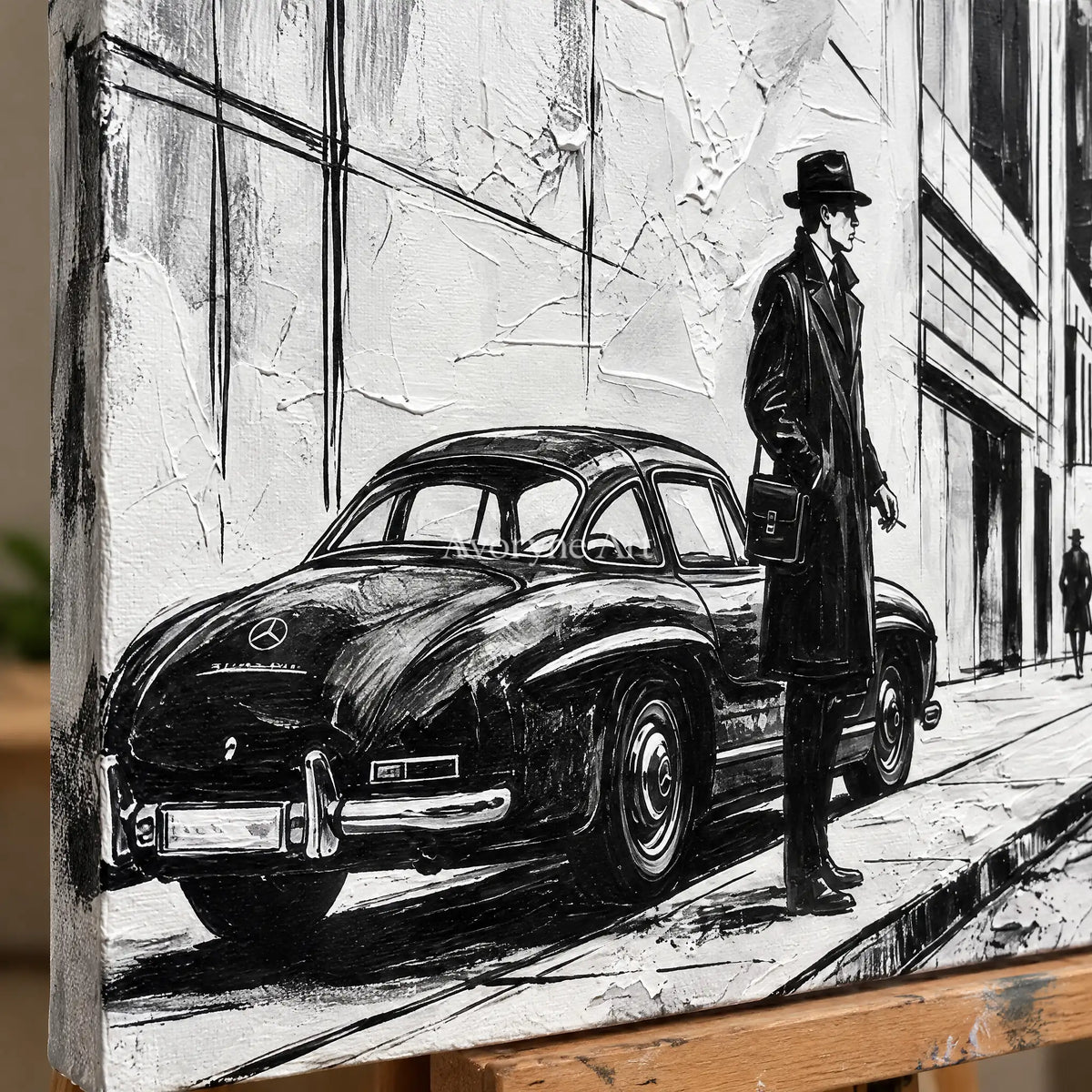 Close-up of the hand-painted texture of Silver Reverie cityscape wall art on an easel