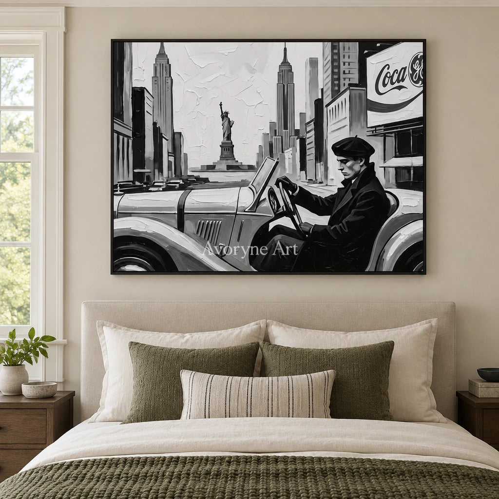 Silver Interval cityscape wall art with a black frame above a bed in a bedroom