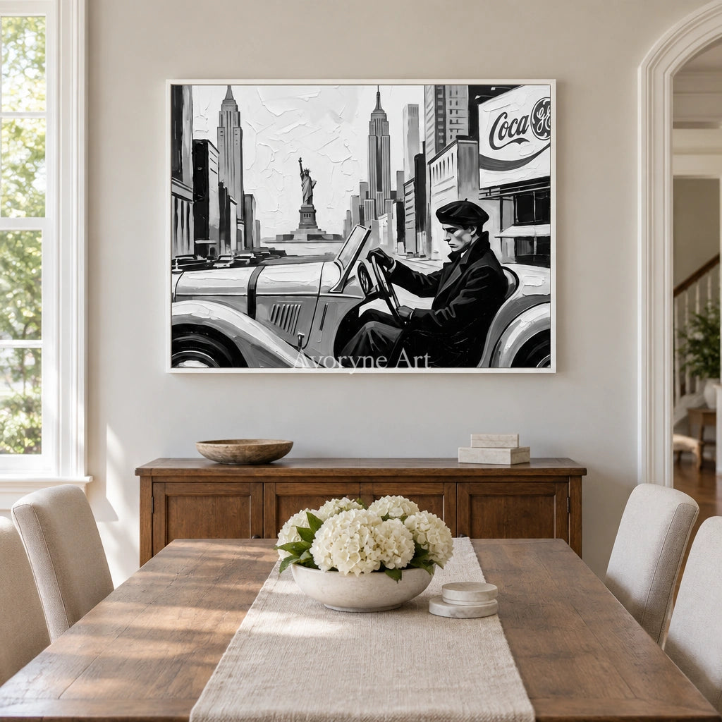 Silver Interval cityscape wall art with a white frame in a dining room
