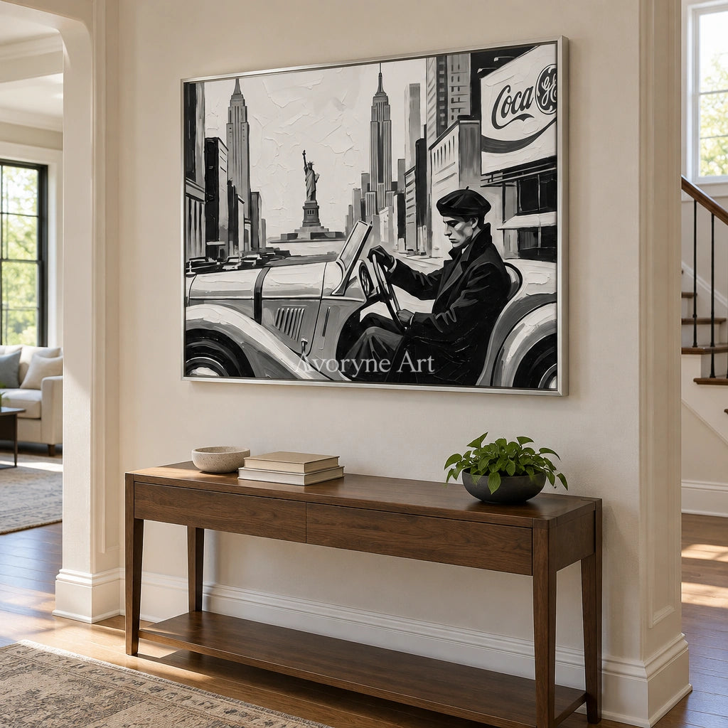 Silver Interval cityscape wall art with a silver frame in an entryway