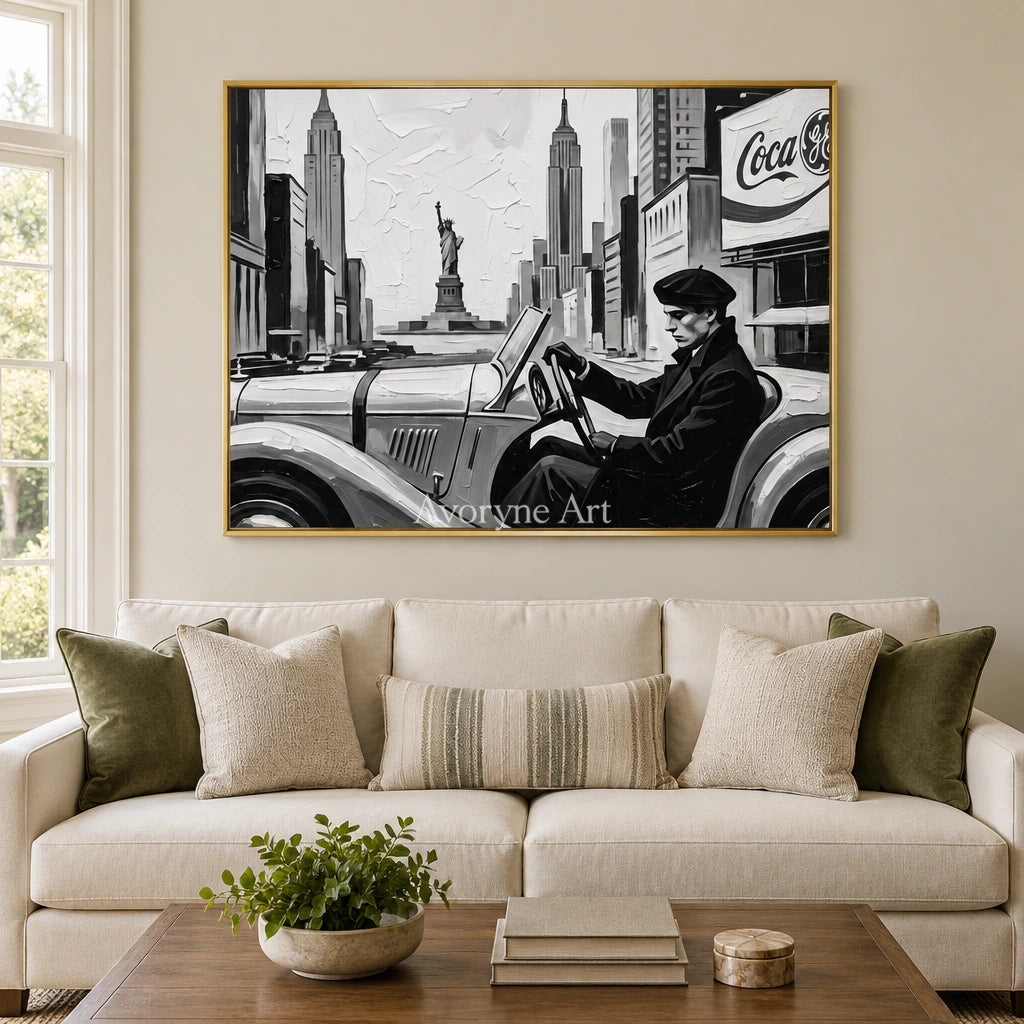Silver Interval cityscape wall art with a gold frame hanging in a living room