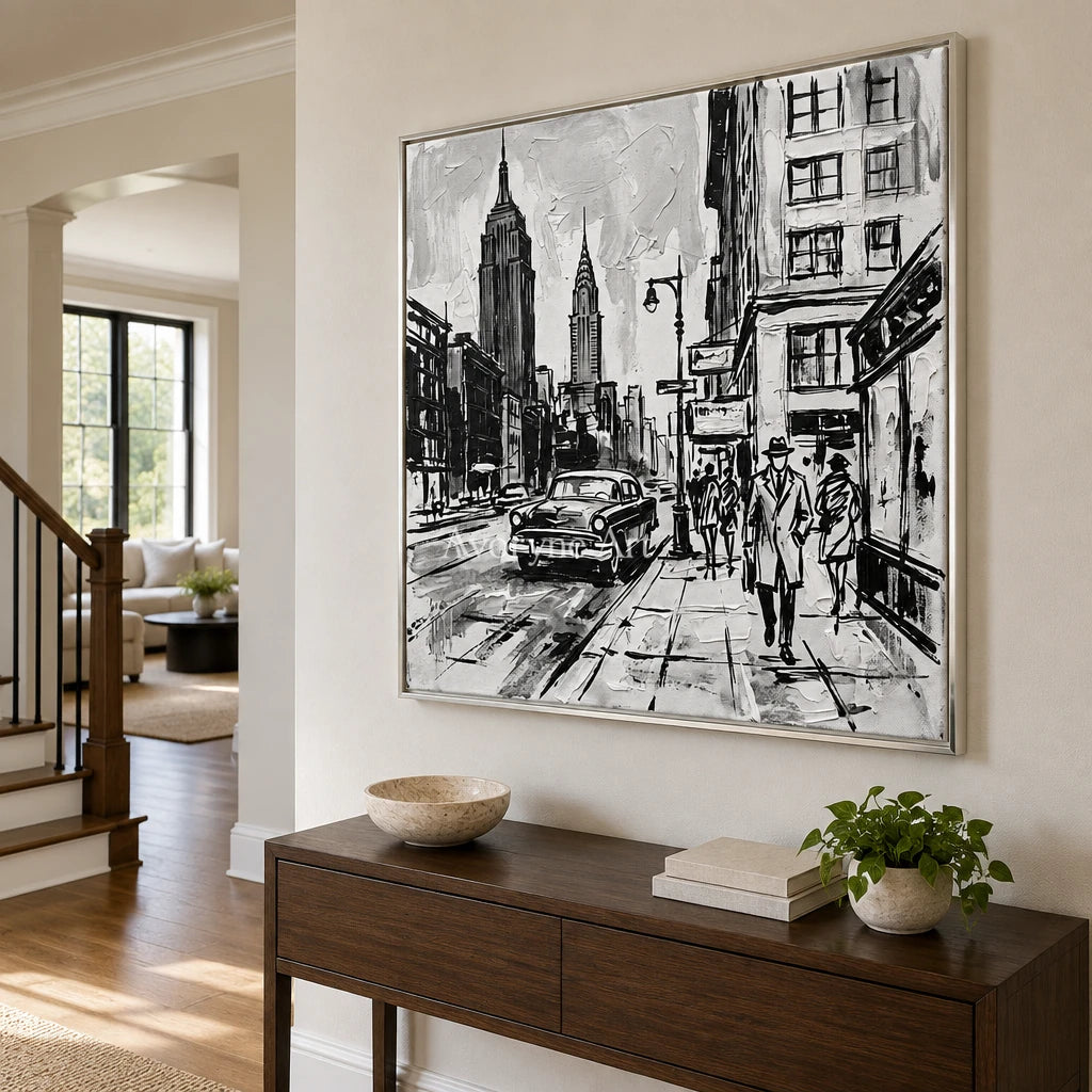 Silver Echo cityscape wall art with a silver frame in an entryway