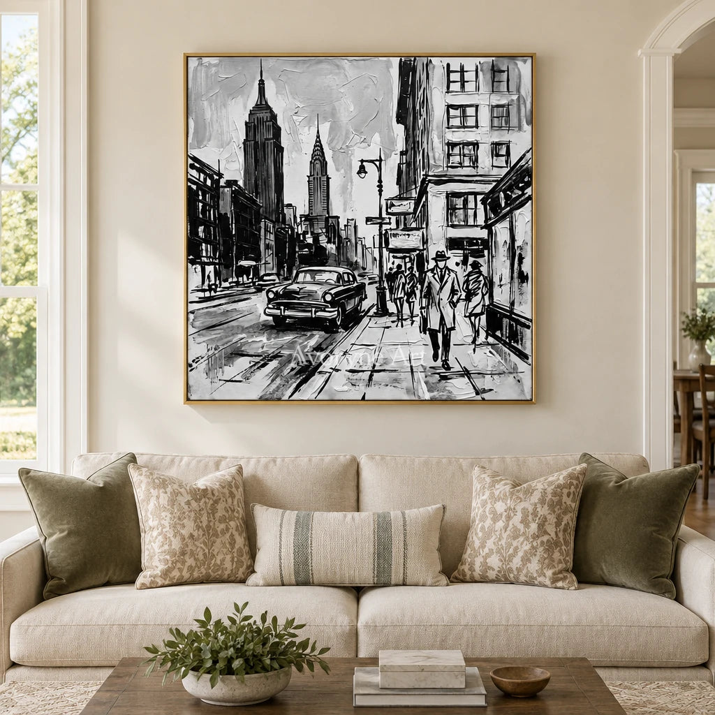 Silver Echo cityscape wall art with a gold frame hanging in a living room
