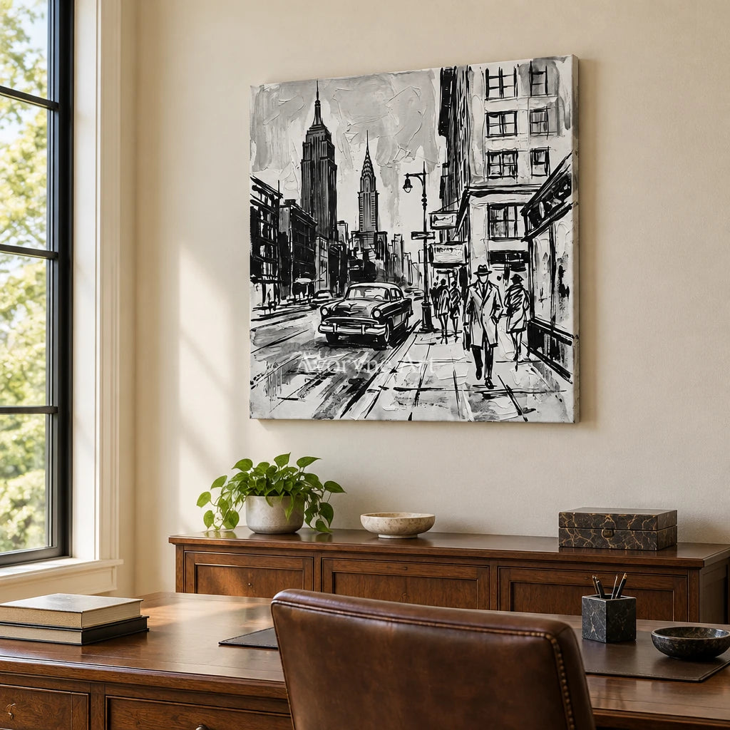 Silver Echo cityscape wall art as a frameless stretched canvas in a home office