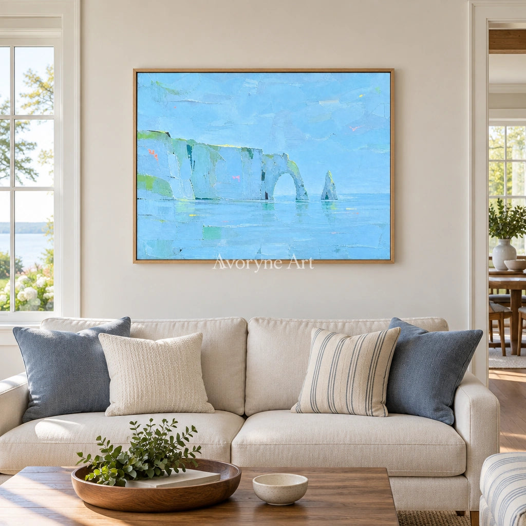 Tender Drift coastal landscape wall art with a wood frame in a villa living space