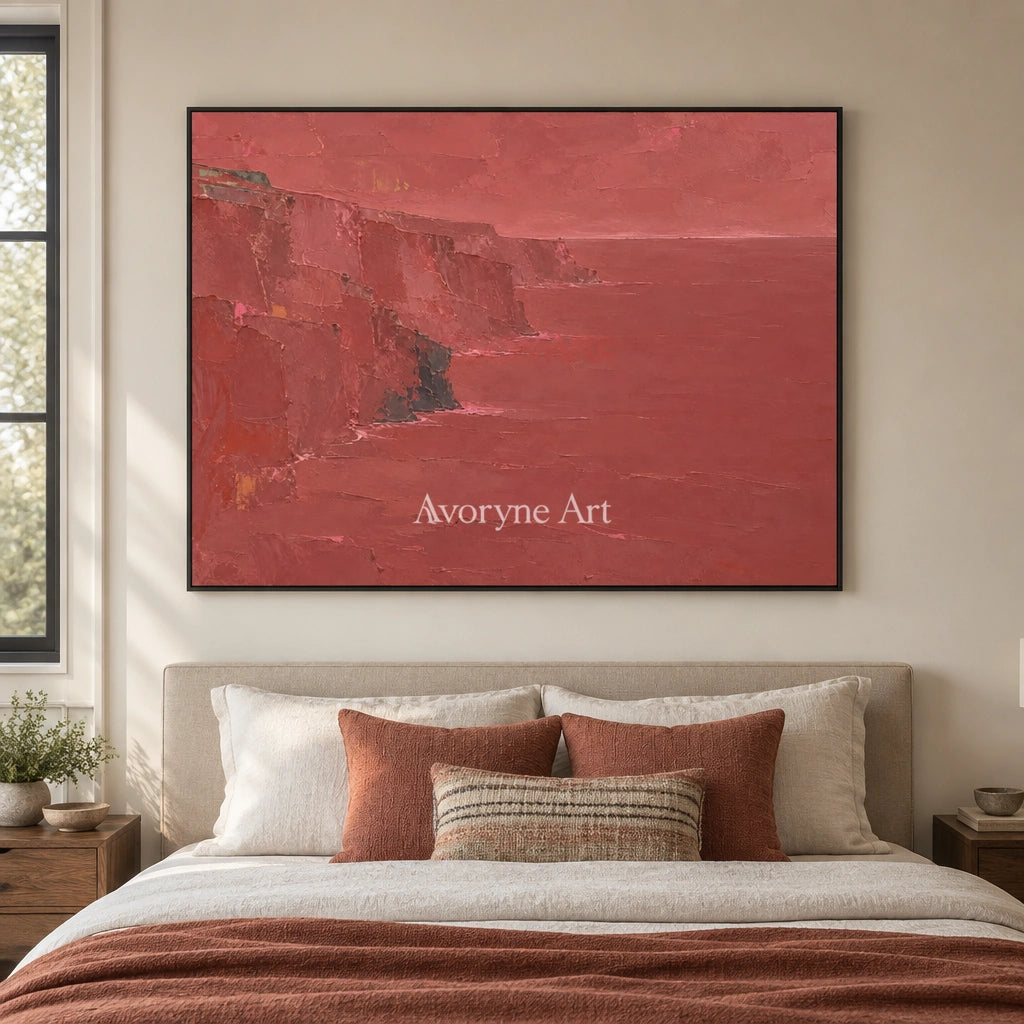 Tender Memory coastal landscape wall art with a black frame above a bed in a bedroom