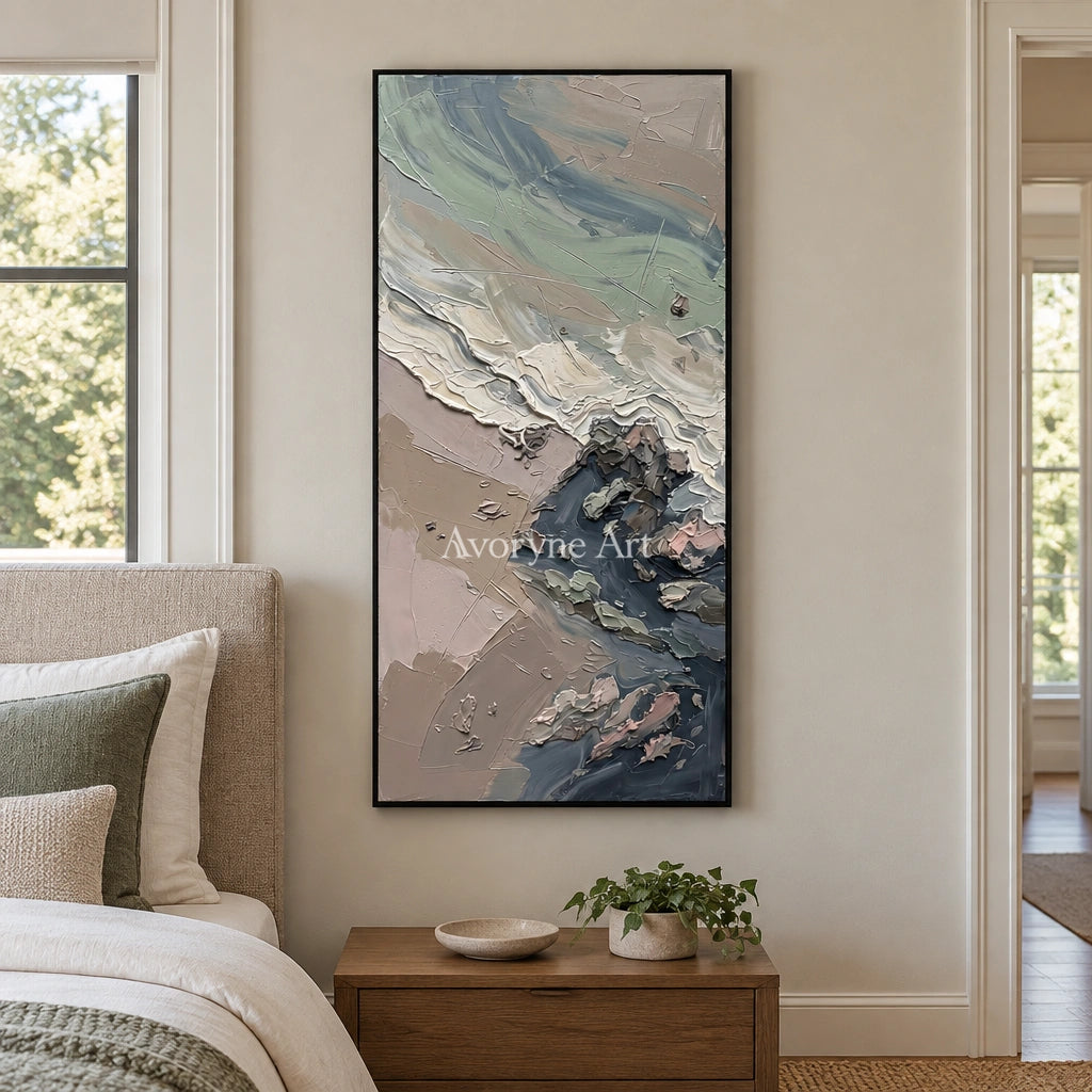 Restful Rhythm coastal landscape wall art with a black frame above a bed in a bedroom