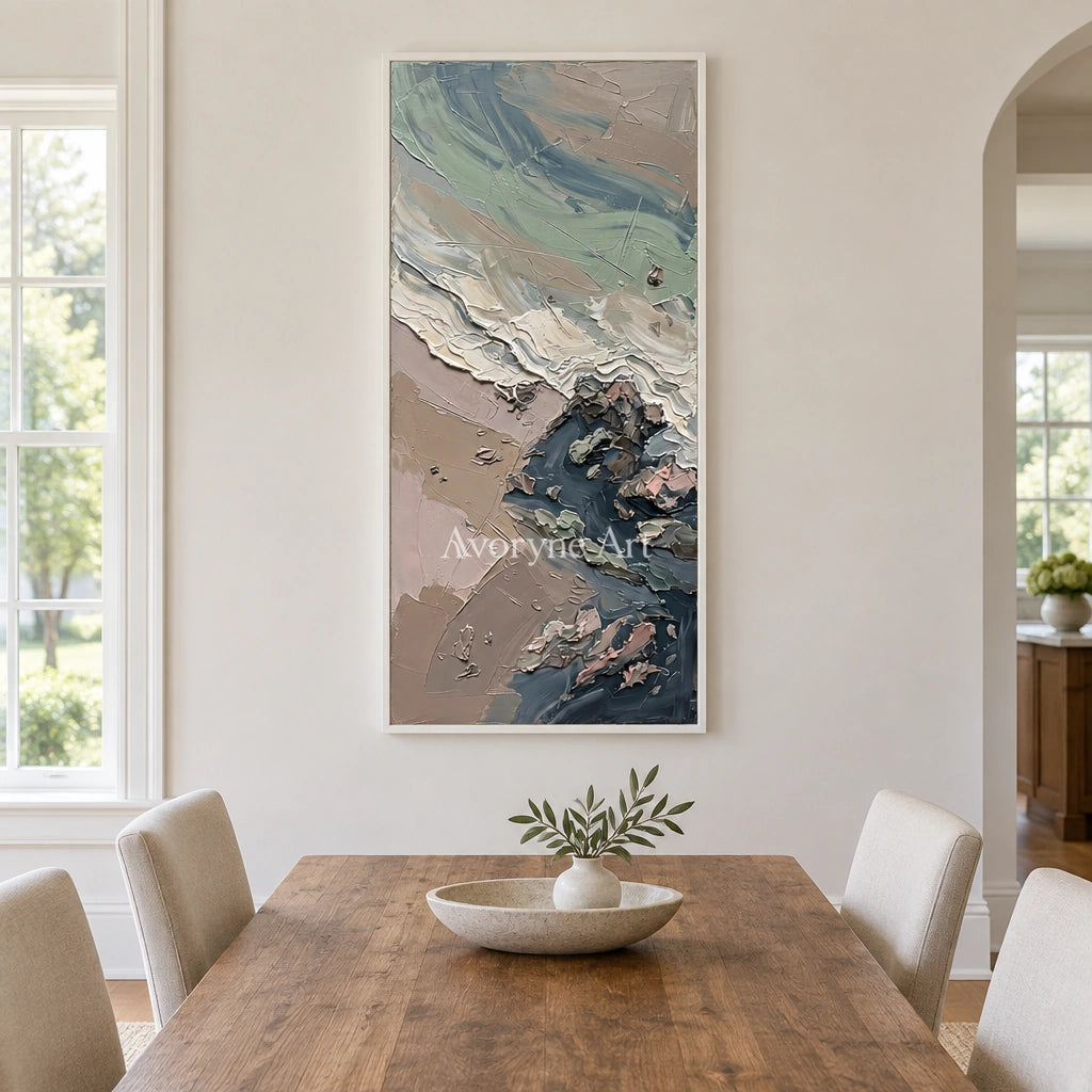Restful Rhythm coastal landscape wall art with a white frame in a dining room