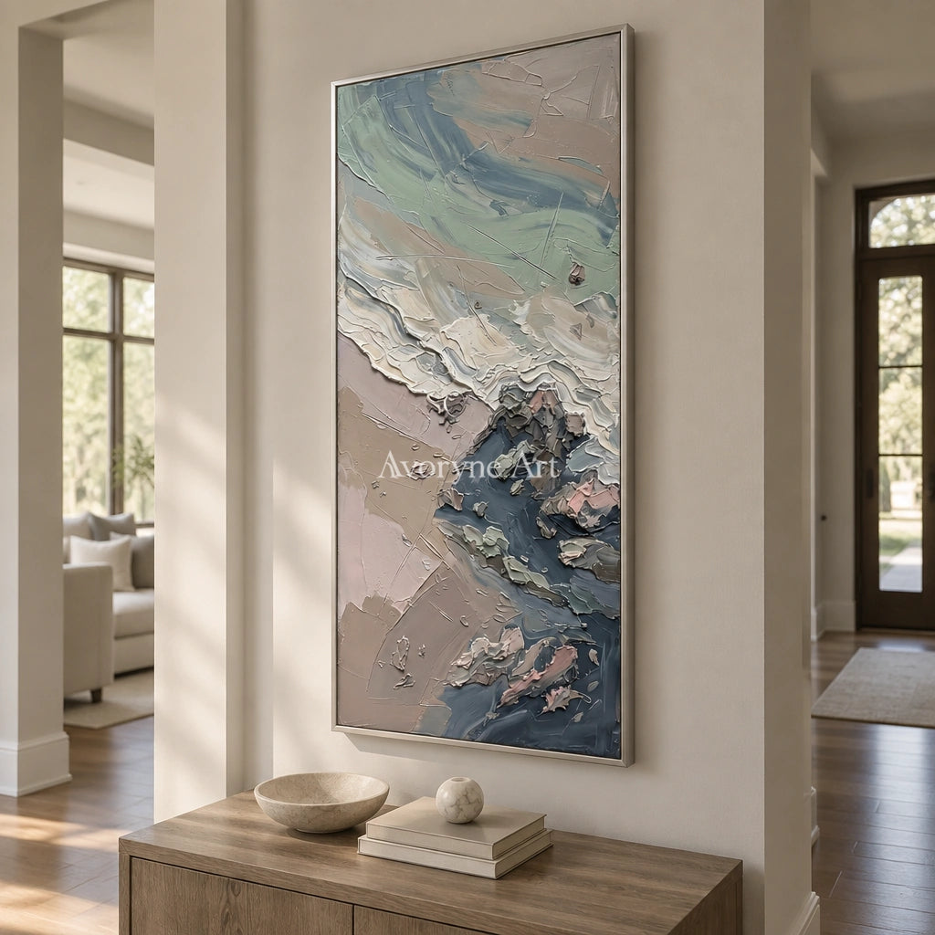 Restful Rhythm coastal landscape wall art with a silver frame in an entryway