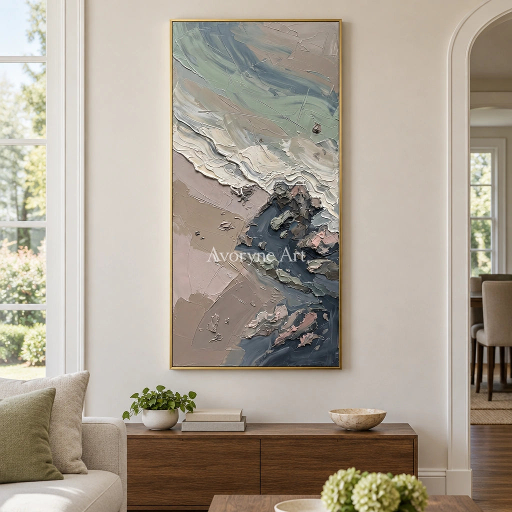Restful Rhythm coastal landscape wall art with a gold frame hanging in a living room
