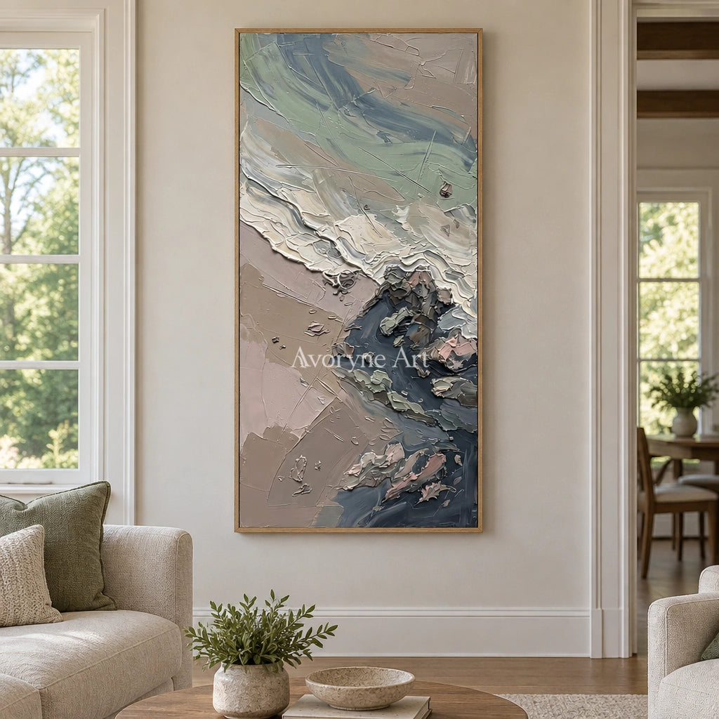 Restful Rhythm coastal landscape wall art with a wood frame in a villa living space