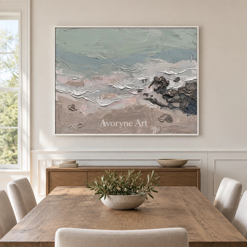Restful Horizon coastal landscape wall art with a white frame in a dining room