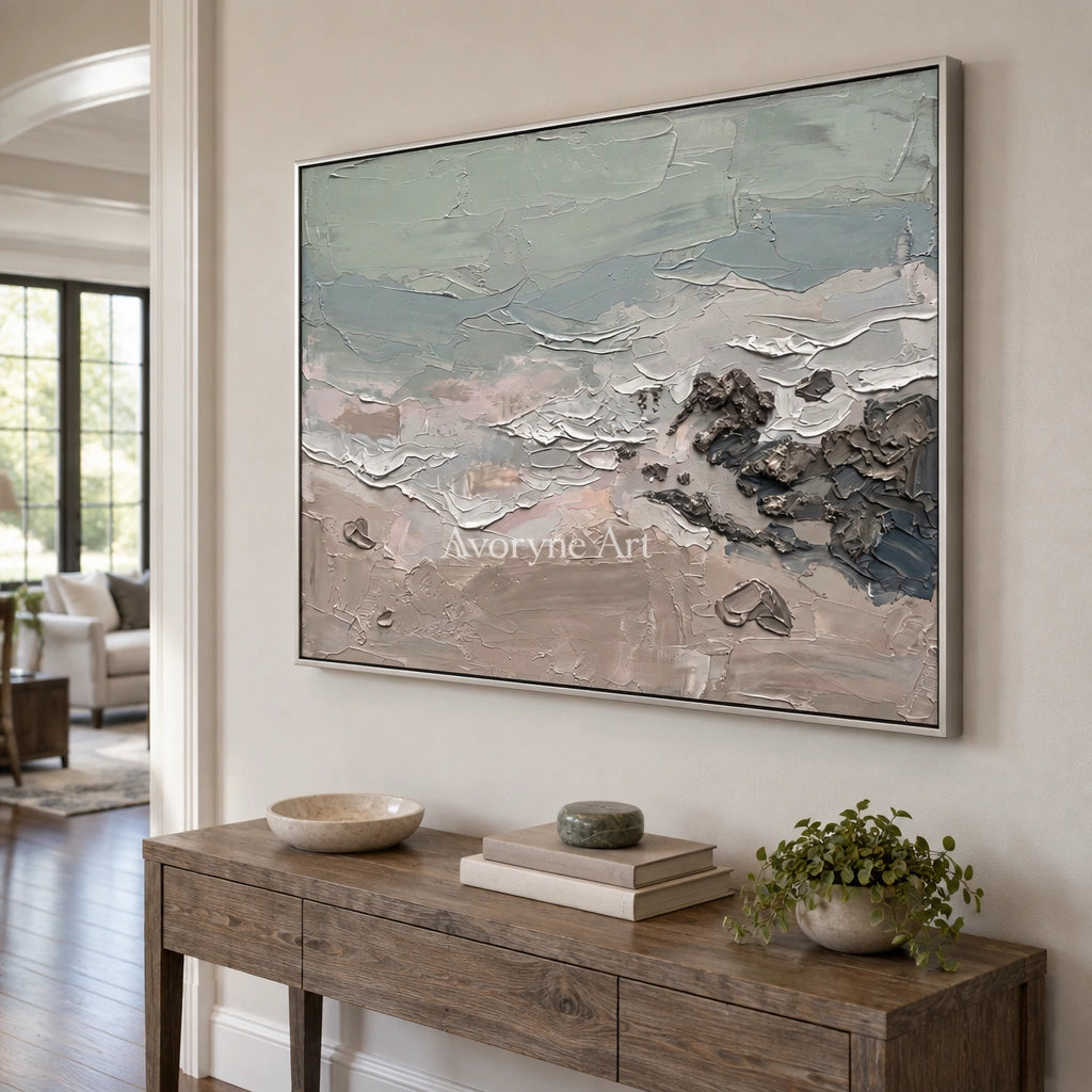 Restful Horizon coastal landscape wall art with a silver frame in an entryway