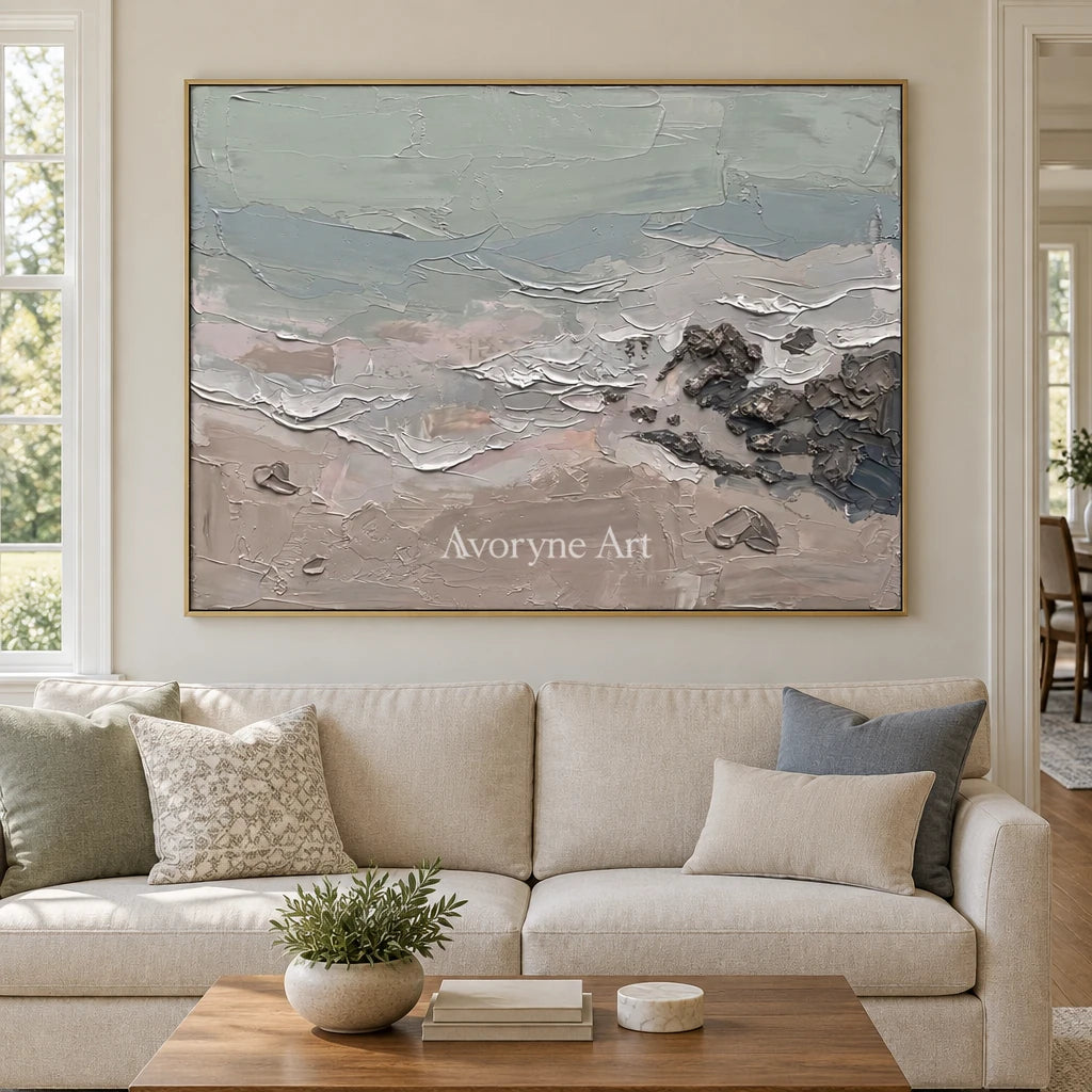 Restful Horizon coastal landscape wall art with a gold frame hanging in a living room