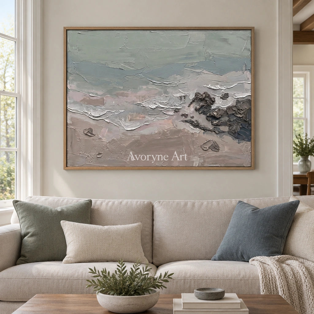 Restful Horizon coastal landscape wall art with a wood frame in a villa living space