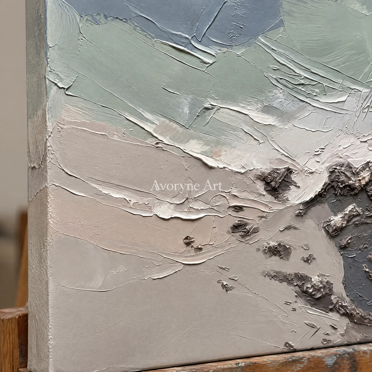 Close-up of the hand-painted texture of Restful Gesture coastal landscape wall art on an easel