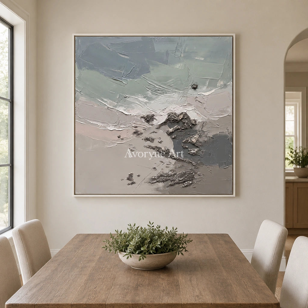 Restful Gesture coastal landscape wall art with a white frame in a dining room