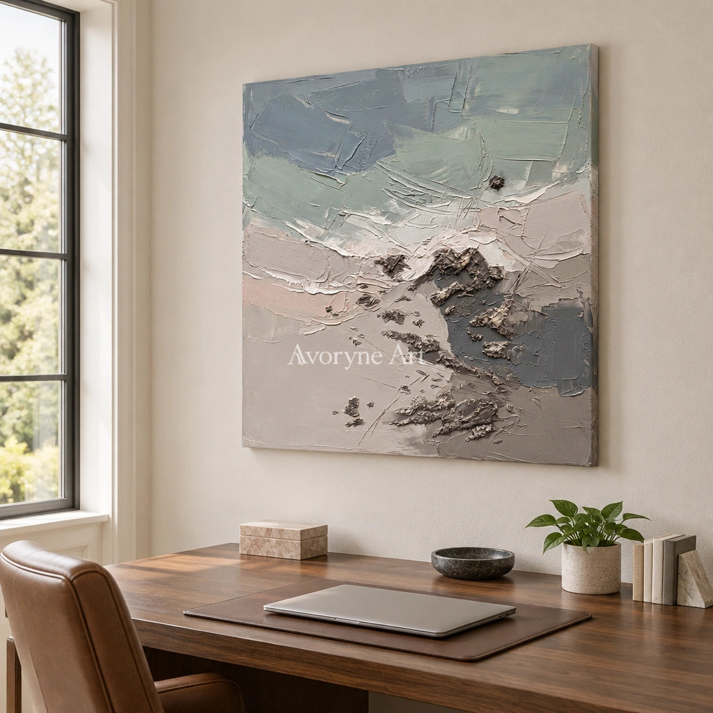 Restful Gesture coastal landscape wall art as a frameless stretched canvas in a home office