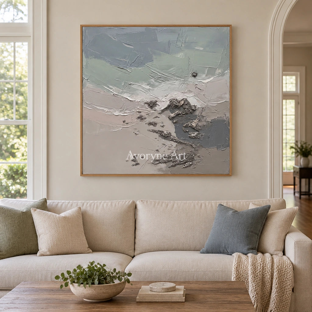 Restful Gesture coastal landscape wall art with a wood frame in a villa living space