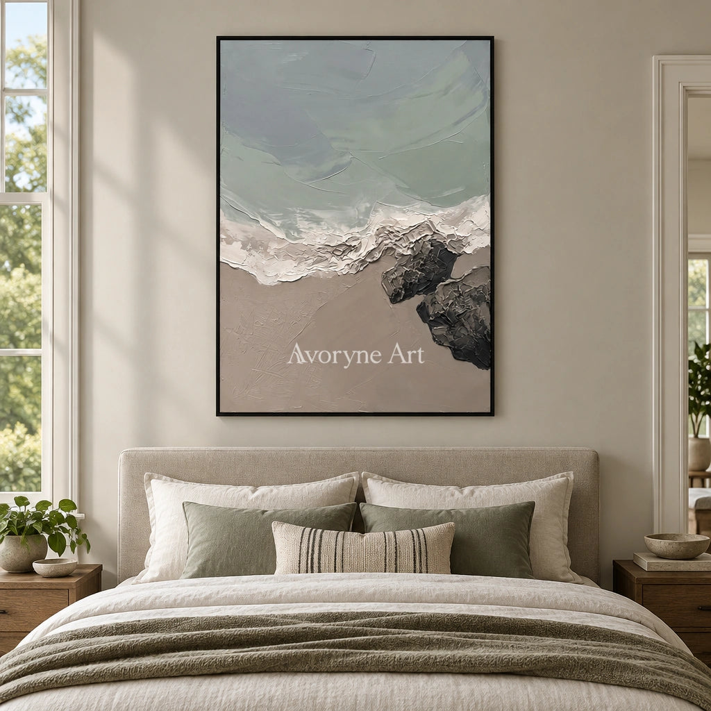 Restful Verse coastal landscape wall art with a black frame above a bed in a bedroom