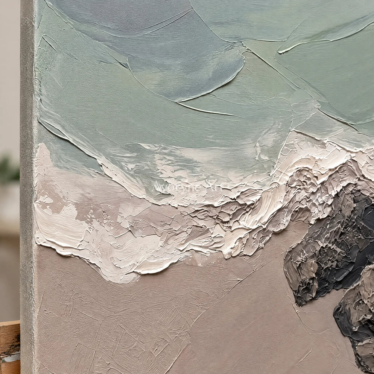 Close-up of the hand-painted texture of Restful Verse coastal landscape wall art on an easel