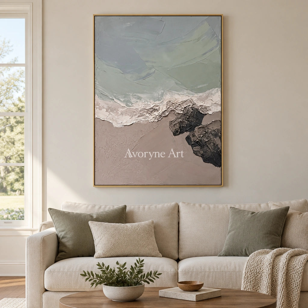 Restful Verse coastal landscape wall art with a gold frame hanging in a living room