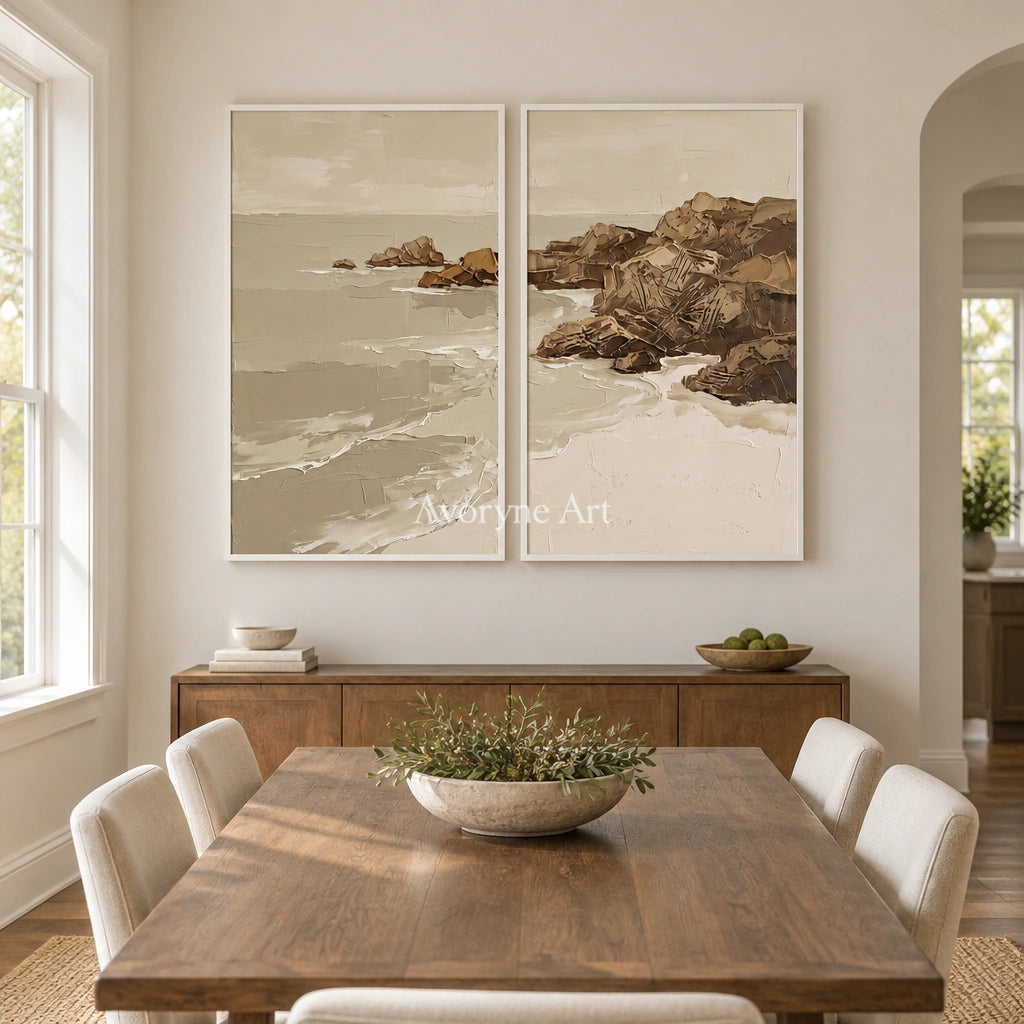 Restful Interval coastal landscape diptych with a white frame in a dining room