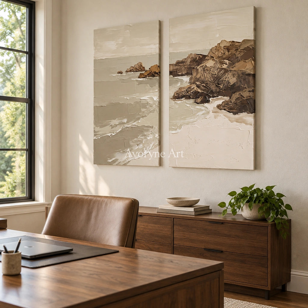 Restful Interval coastal landscape diptych as a frameless stretched canvas in a home office