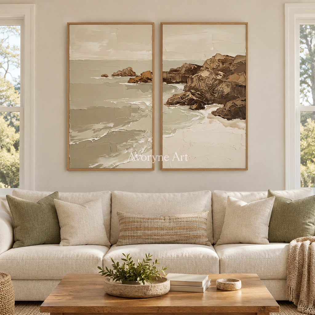 Restful Interval coastal landscape diptych with a wood frame in a villa living space