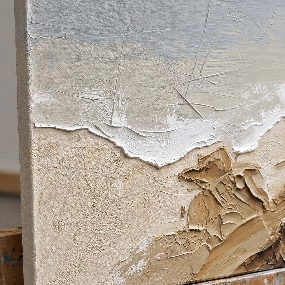 Close-up of the hand-painted texture of Restful Drift coastal landscape diptych on an easel
