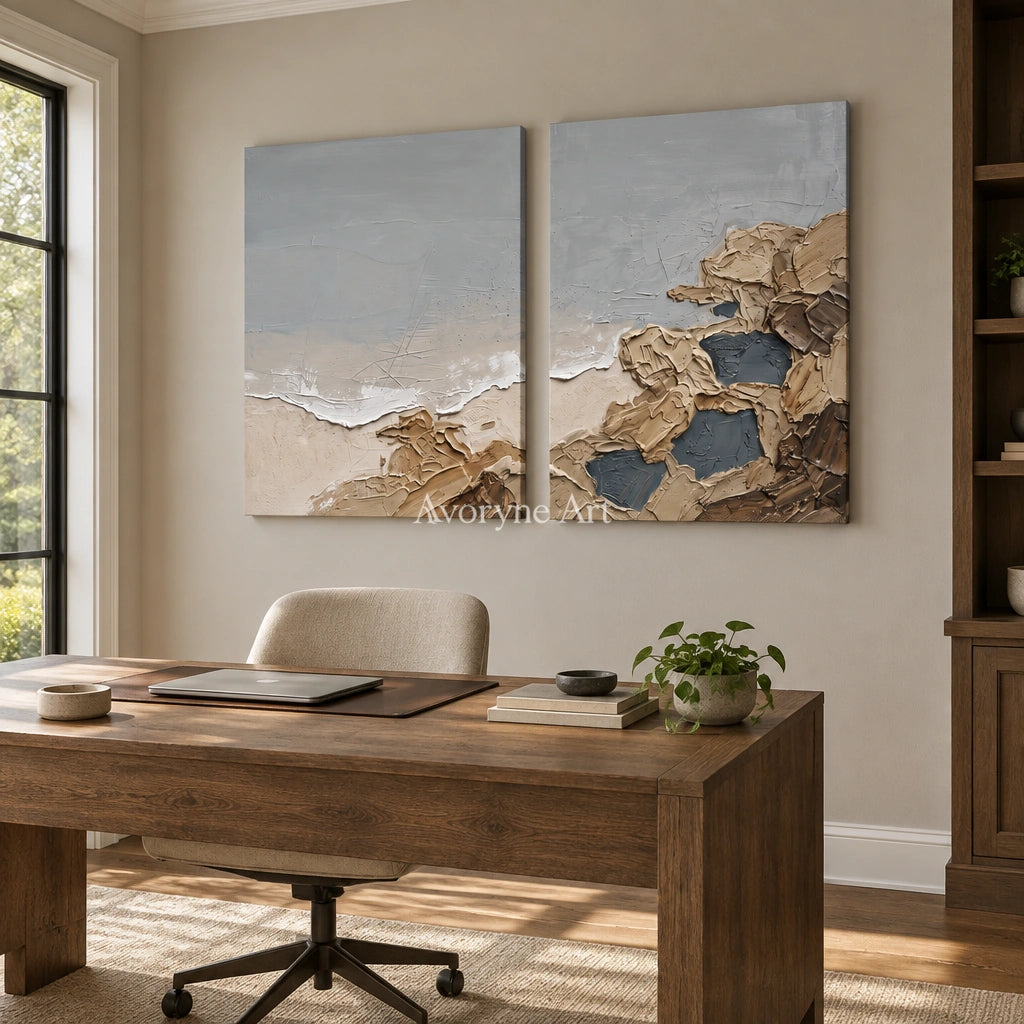 Restful Drift coastal landscape diptych as a frameless stretched canvas in a home office