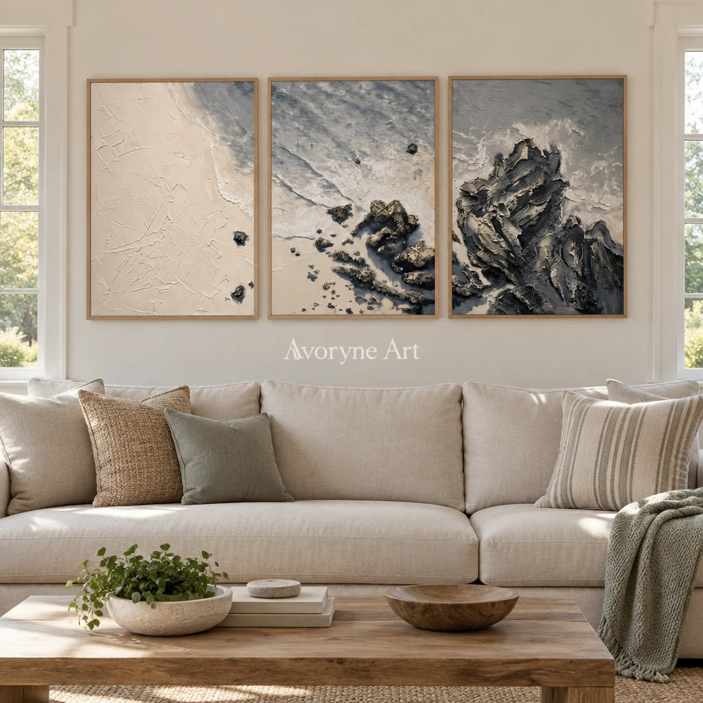 Restful Mosaic coastal landscape triptych with a wood frame in a villa living space