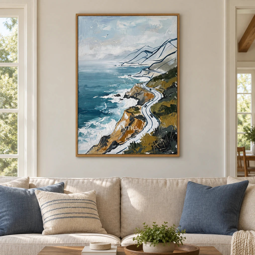 Silver Mosaic coastal road wall art with a wood frame in a villa living space