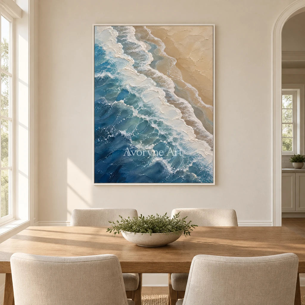 Blue Approach: Coastal Wave Texture Wall Art — dining white