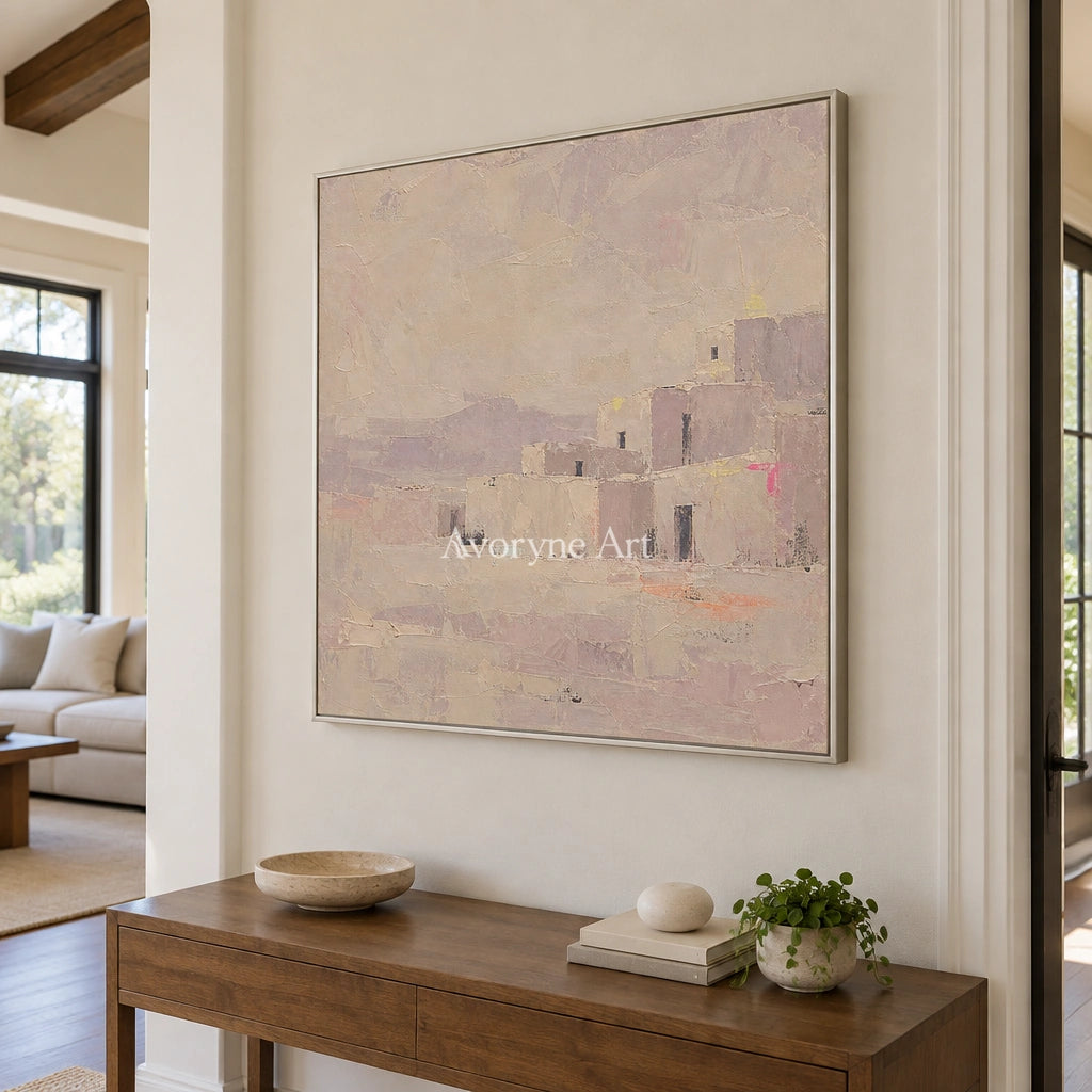 Lucent Story color block landscape wall art with a silver frame in an entryway