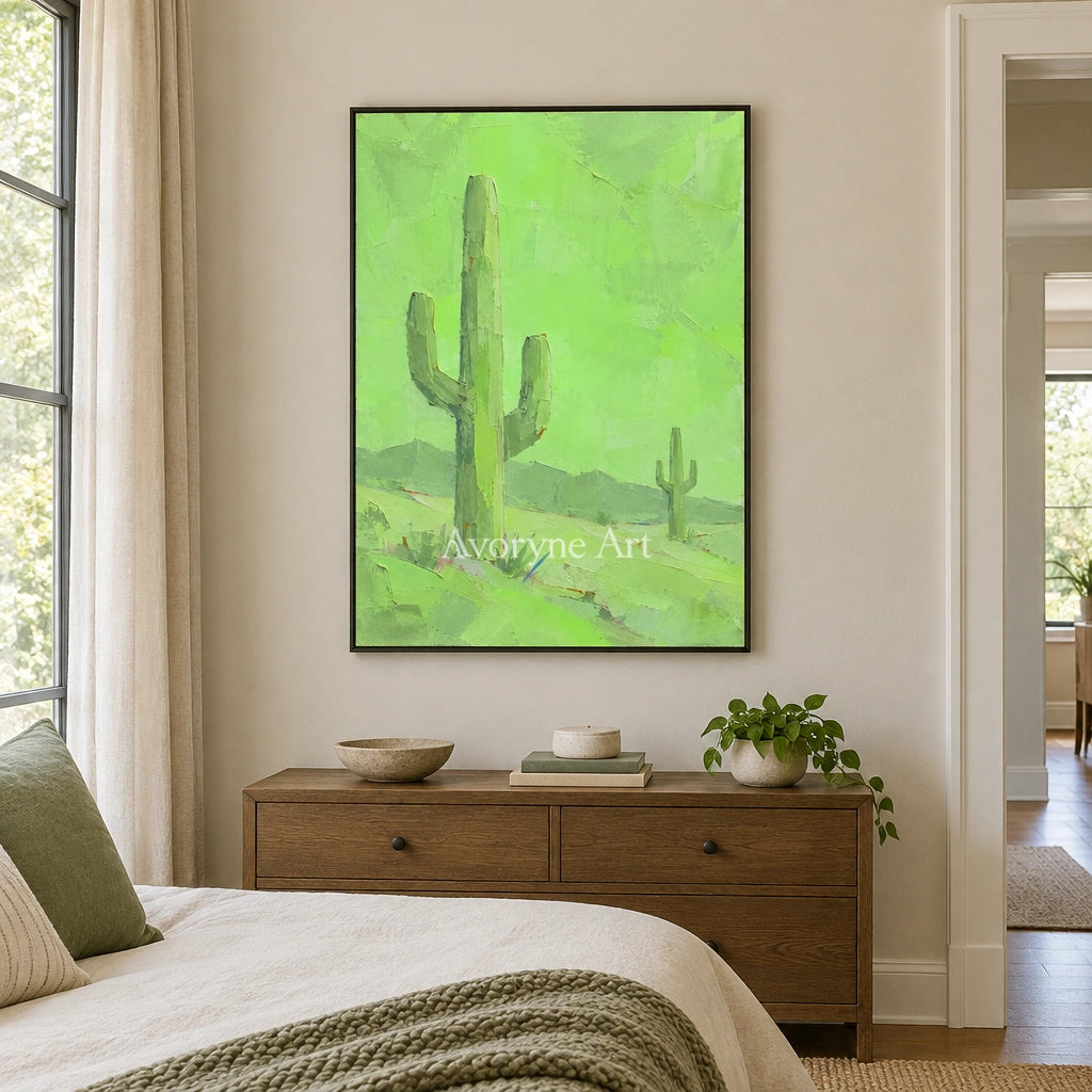 Still Passage color block landscape wall art with a black frame above a bed in a bedroom