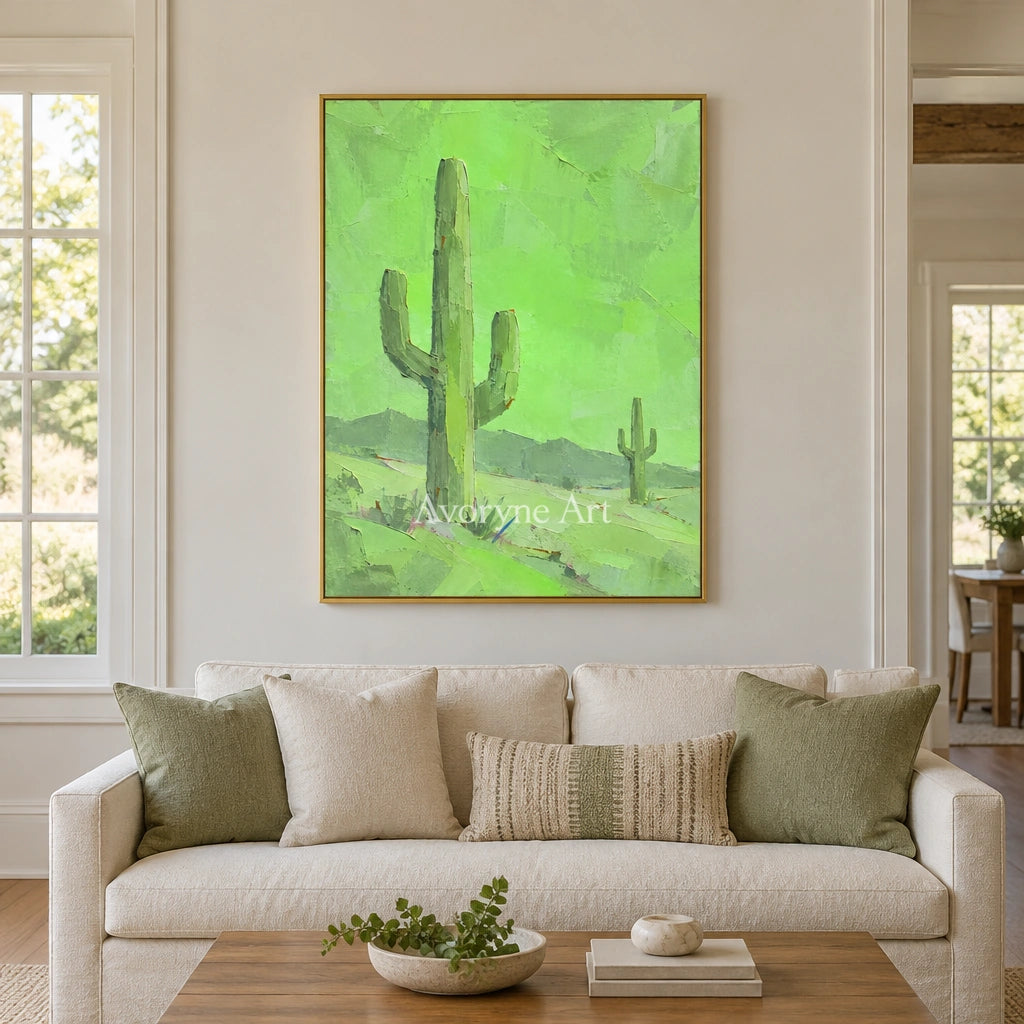 Still Passage color block landscape wall art with a gold frame hanging in a living room