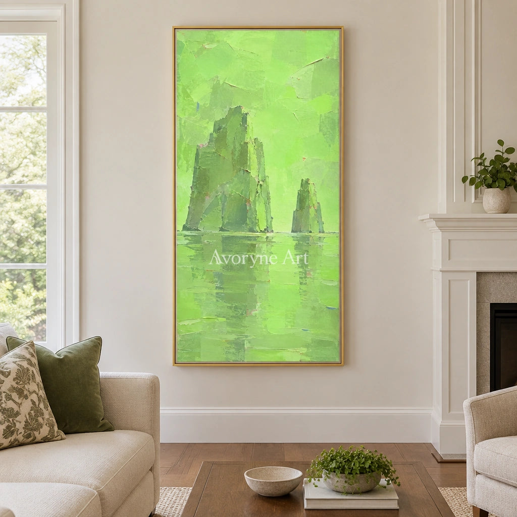 Still Reverie color block landscape wall art with a gold frame hanging in a living room