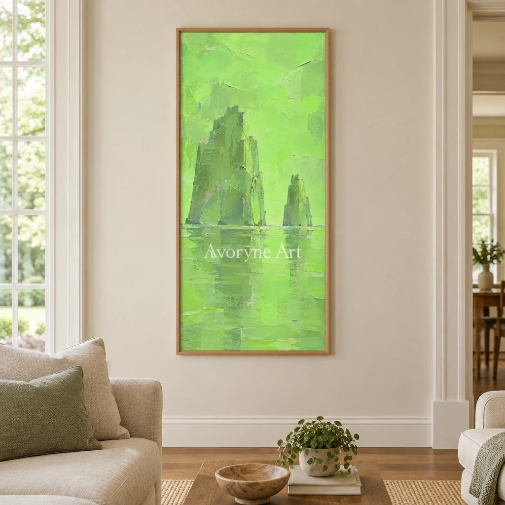 Still Reverie color block landscape wall art with a wood frame in a villa living space