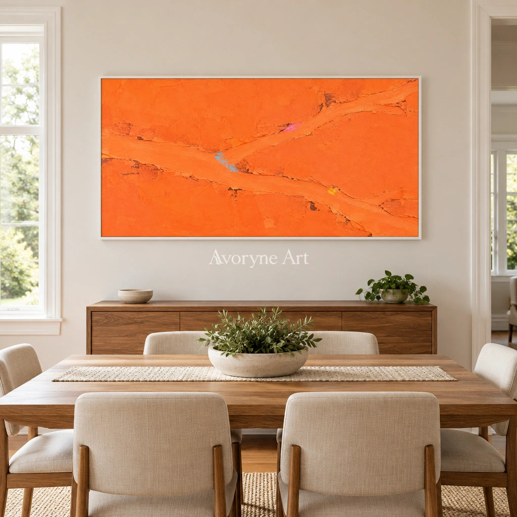 Still Echo color block landscape wall art with a white frame in a dining room