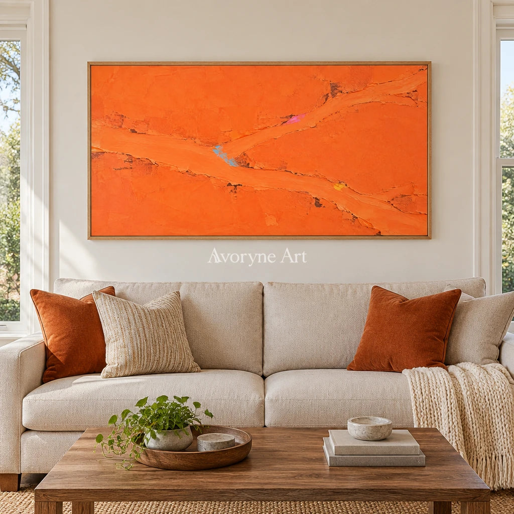 Still Echo color block landscape wall art with a wood frame in a villa living space