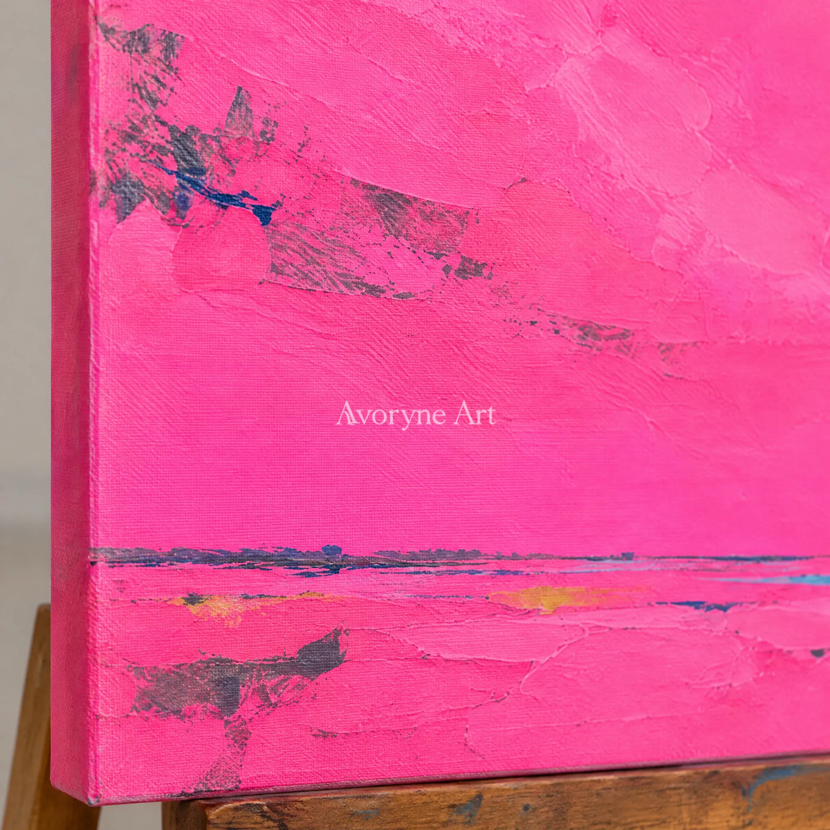 Close-up of the hand-painted texture of Still Horizon color block landscape wall art on an easel